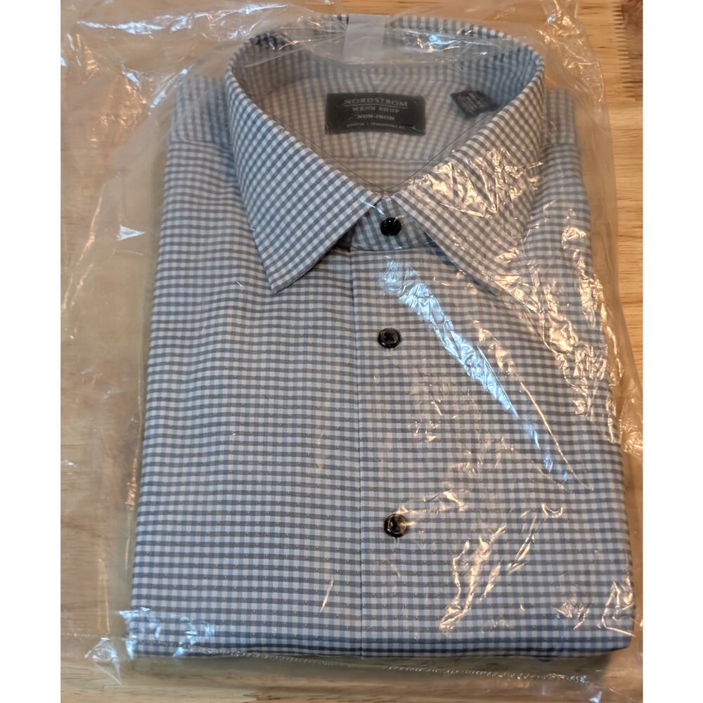 NORDSTROM Mens Shop Dress Shirt Mens 16.5 36 37 Blue Plaid Non Iron NWT